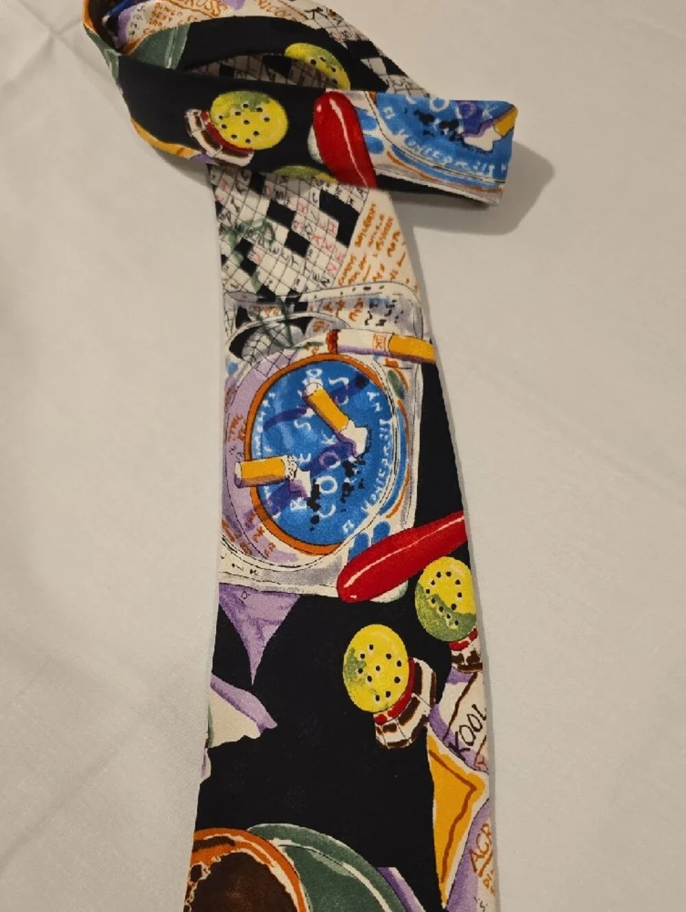 Nicole Miller Black Vintage Silk Tie with Coffee, Crossword & Colorful Motifs